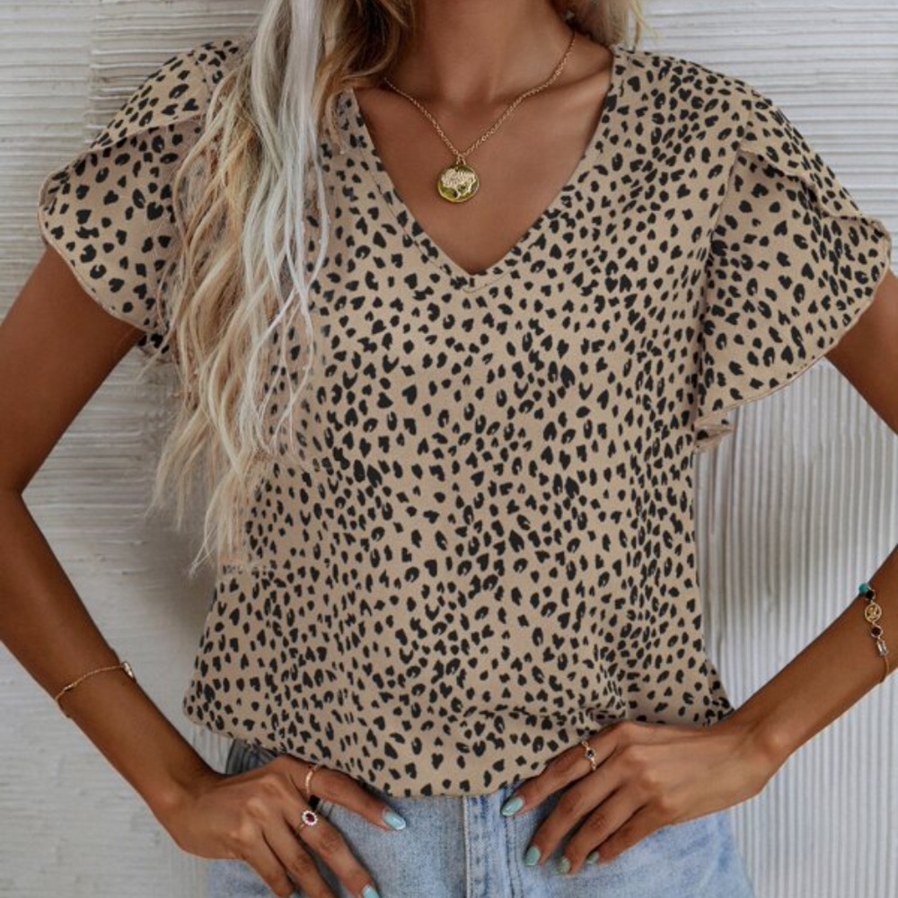 Rust Brown Leopard Print Butterfly Sleeve Blouse - Picture 7 of 10